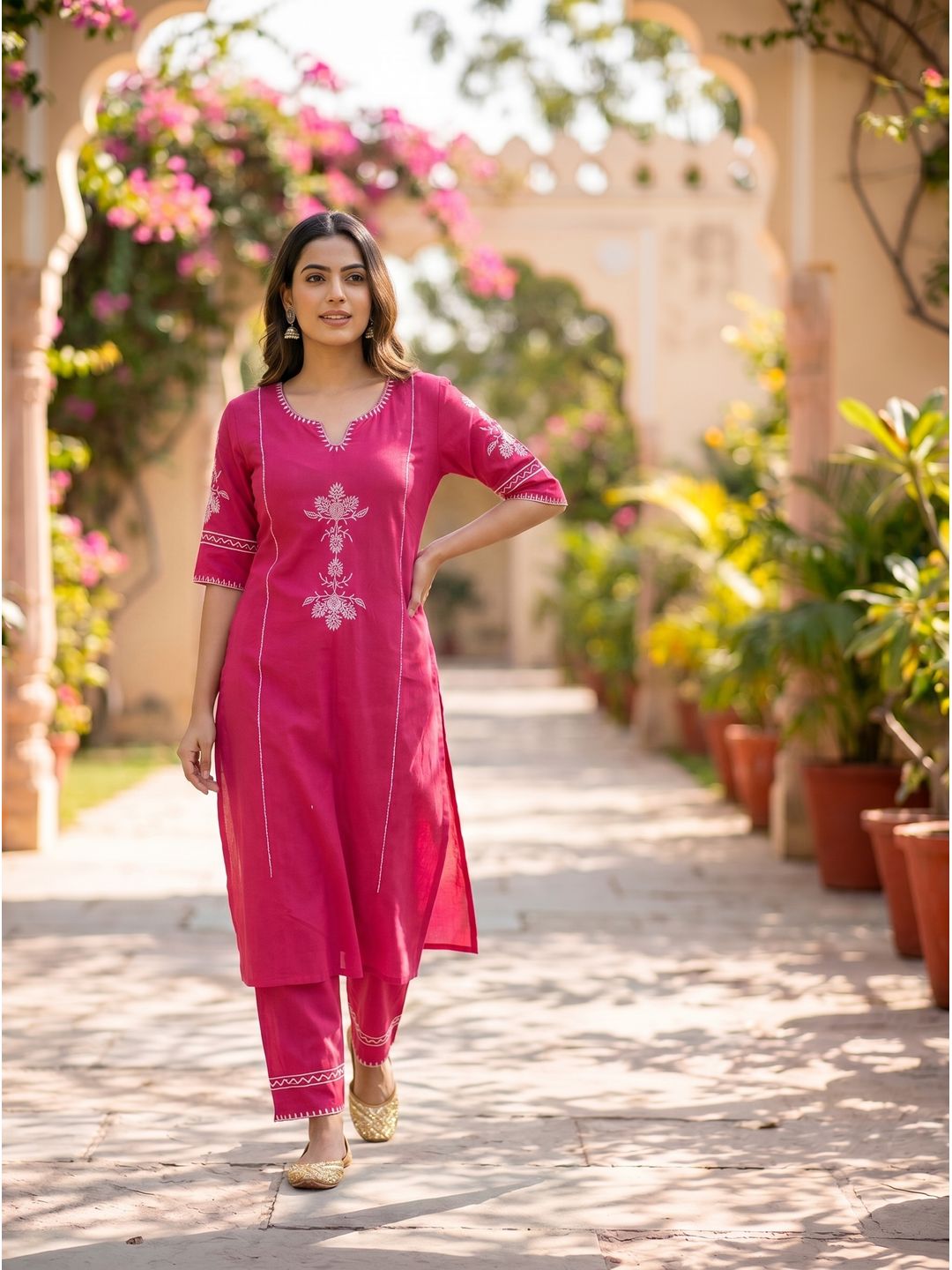 Pink Embroidered South Cotton Kurta and Pant Set