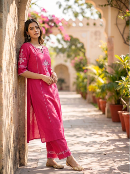 Pink Embroidered South Cotton Kurta and Pant Set