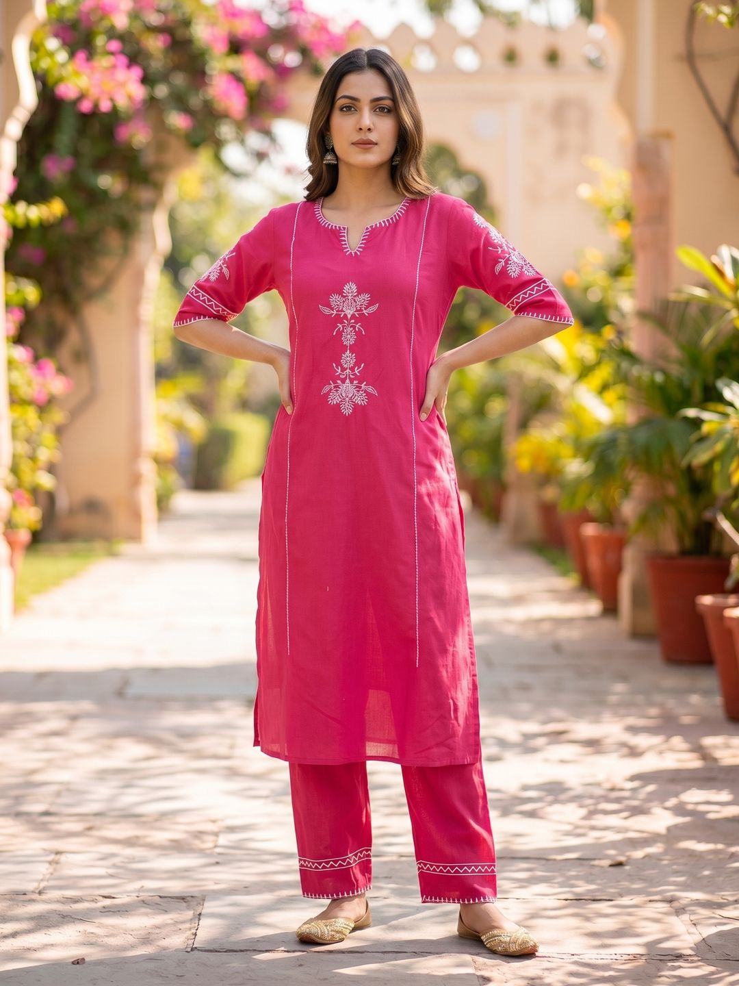 Pink Embroidered South Cotton Kurta and Pant Set