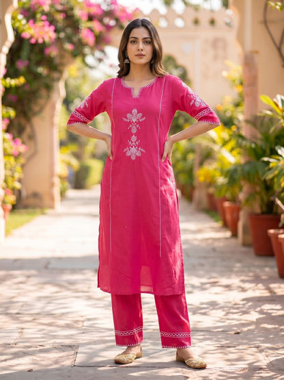 Pink Embroidered South Cotton Kurta and Pant Set