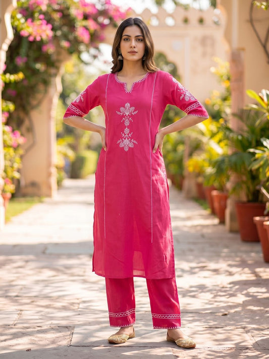 Pink Embroidered South Cotton Kurta and Pant Set