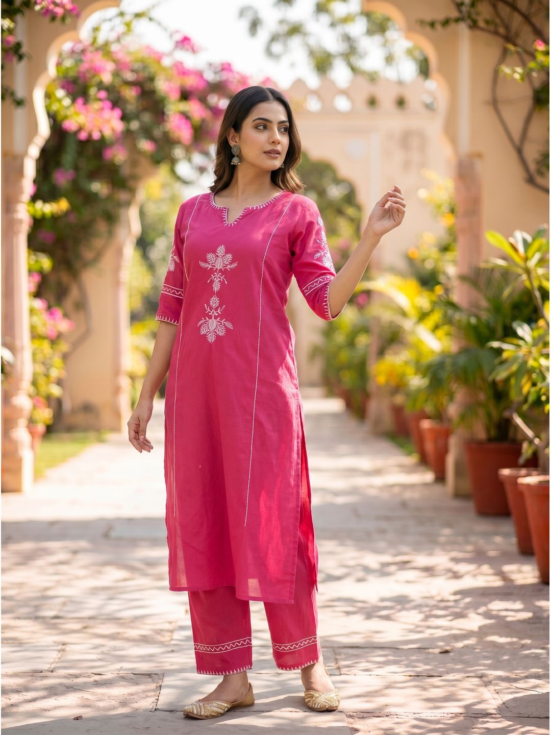 Pink Embroidered South Cotton Kurta and Pant Set