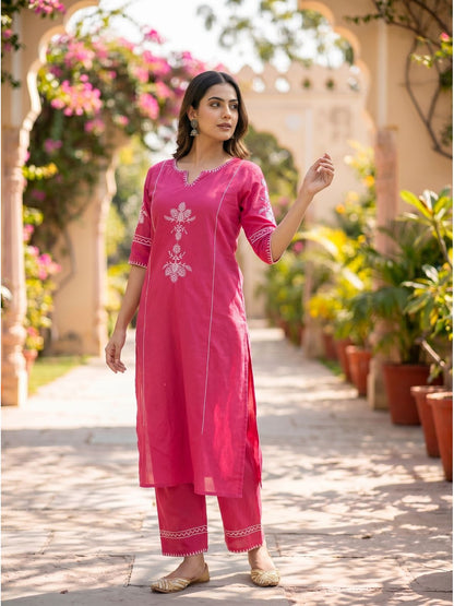 Pink Embroidered South Cotton Kurta and Pant Set
