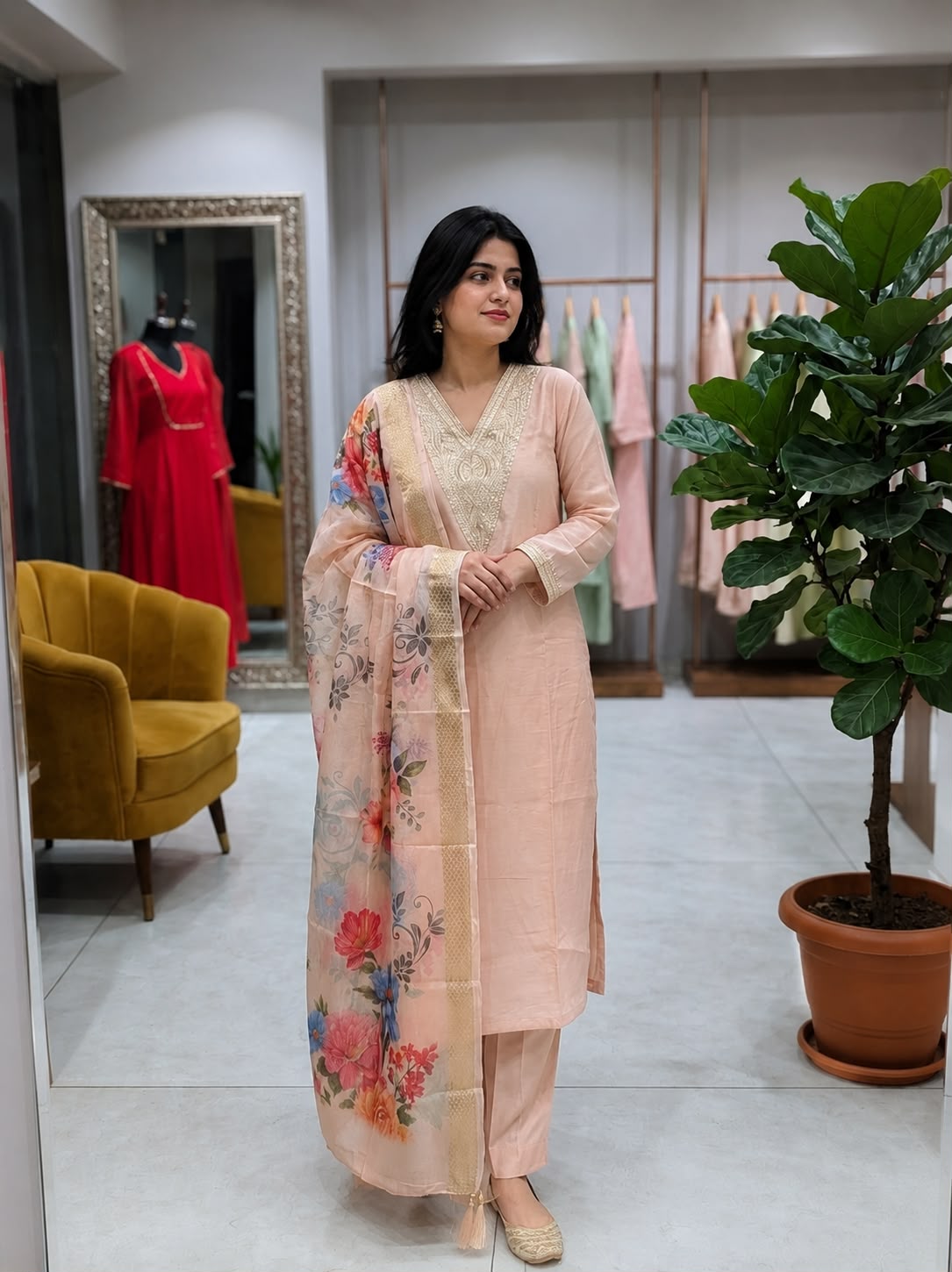 Peach Embroidered Roman Silk Embroidered Kurta and Pant Set with Dupatta