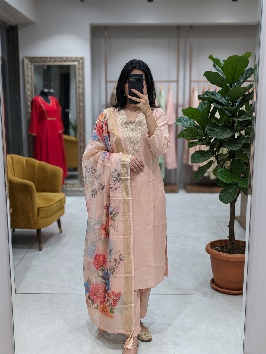 Peach Embroidered Roman Silk Embroidered Kurta and Pant Set with Dupatta