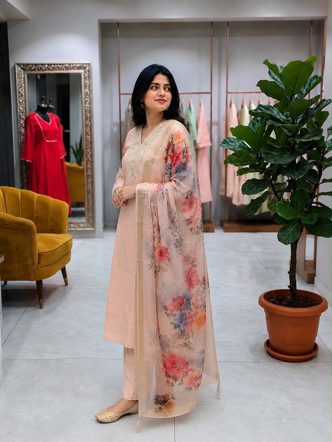 Peach Embroidered Roman Silk Embroidered Kurta and Pant Set with Dupatta