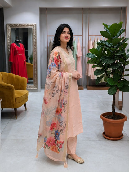 Peach Embroidered Roman Silk Embroidered Kurta and Pant Set with Dupatta