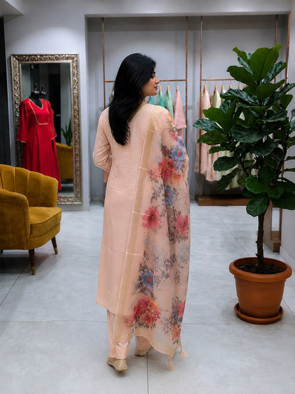Peach Embroidered Roman Silk Embroidered Kurta and Pant Set with Dupatta