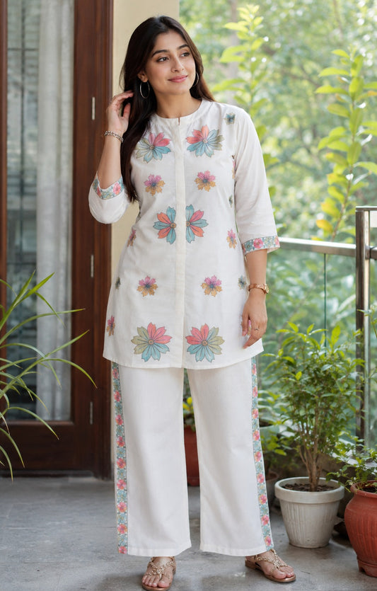 Off White Embroidered Cotton Flex Co-Ord Set