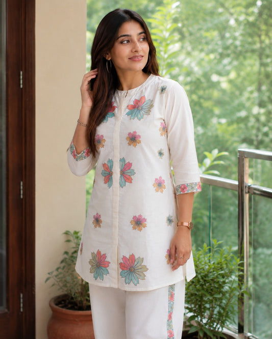 Off White Embroidered Cotton Flex Co-Ord Set
