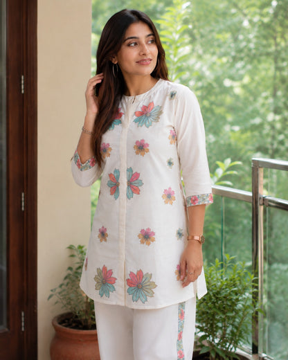 Off White Embroidered Cotton Flex Co-Ord Set