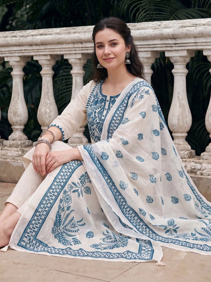 Off White Embroidered Cotton Kurta and Pant Set with Dupatta