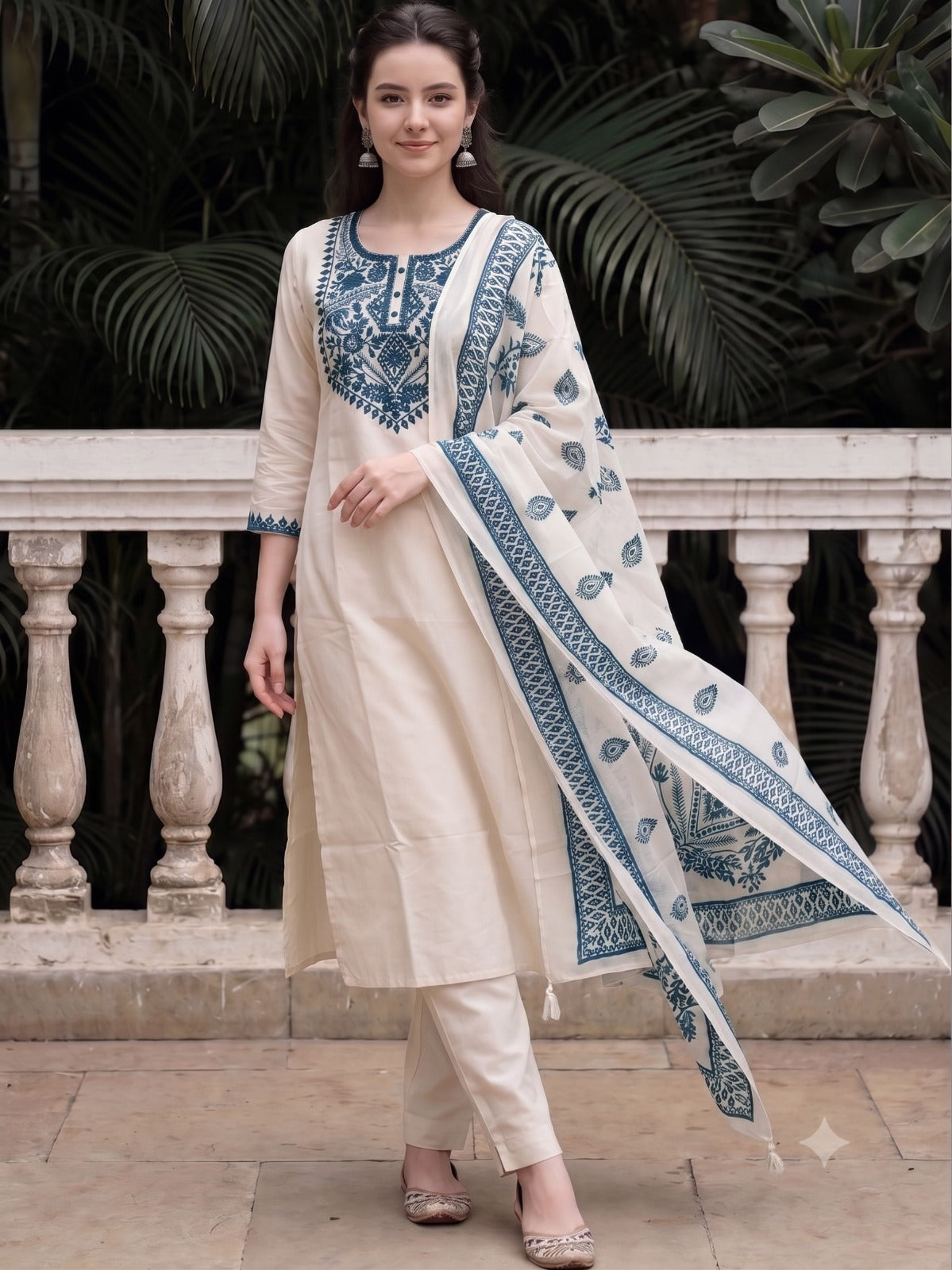 Off White Embroidered Cotton Kurta and Pant Set with Dupatta