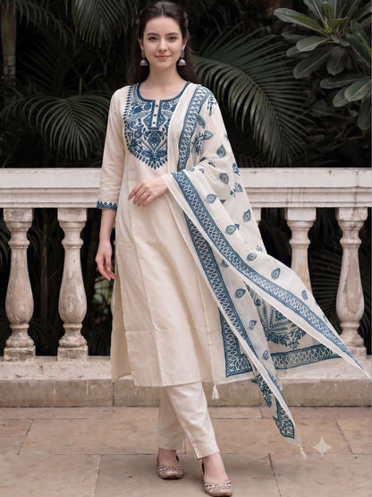 Off White Embroidered Cotton Kurta and Pant Set with Dupatta