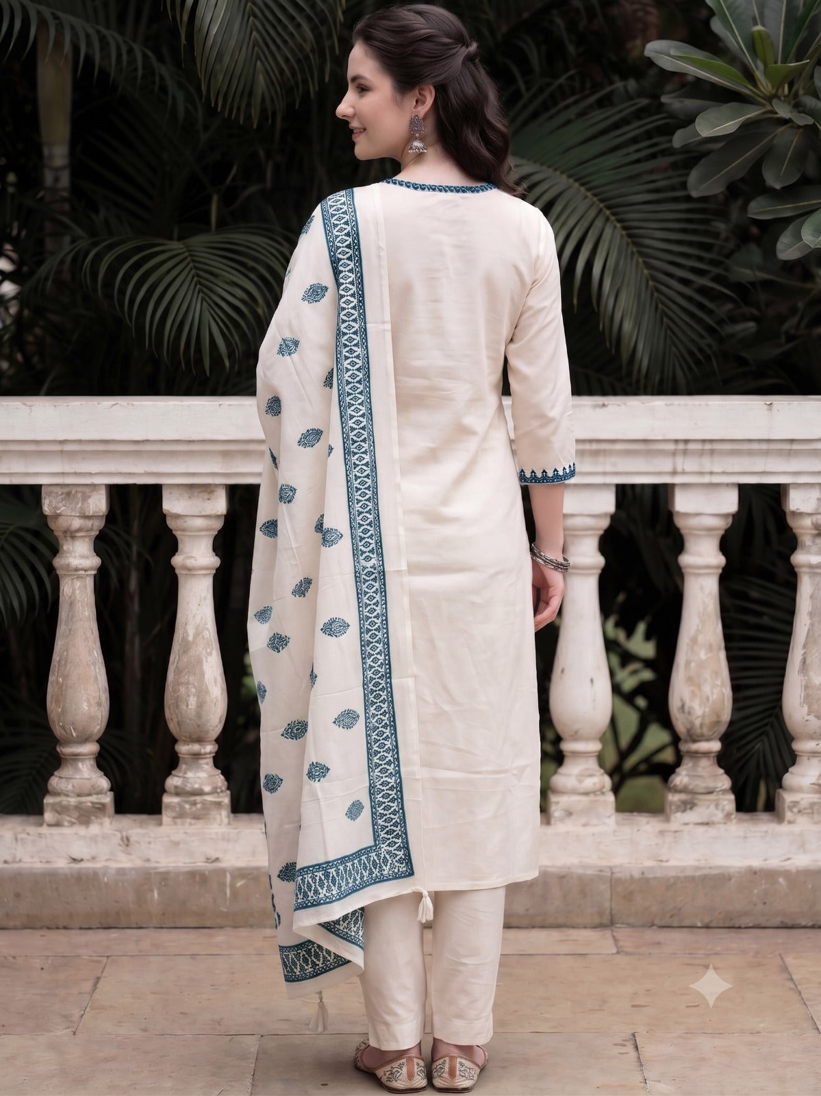 Off White Embroidered Cotton Kurta and Pant Set with Dupatta