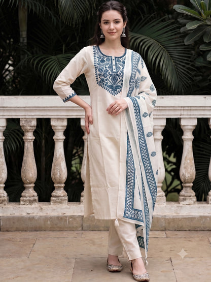 Off White Embroidered Cotton Kurta and Pant Set with Dupatta