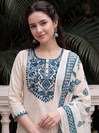 Off White Embroidered Cotton Kurta and Pant Set with Dupatta
