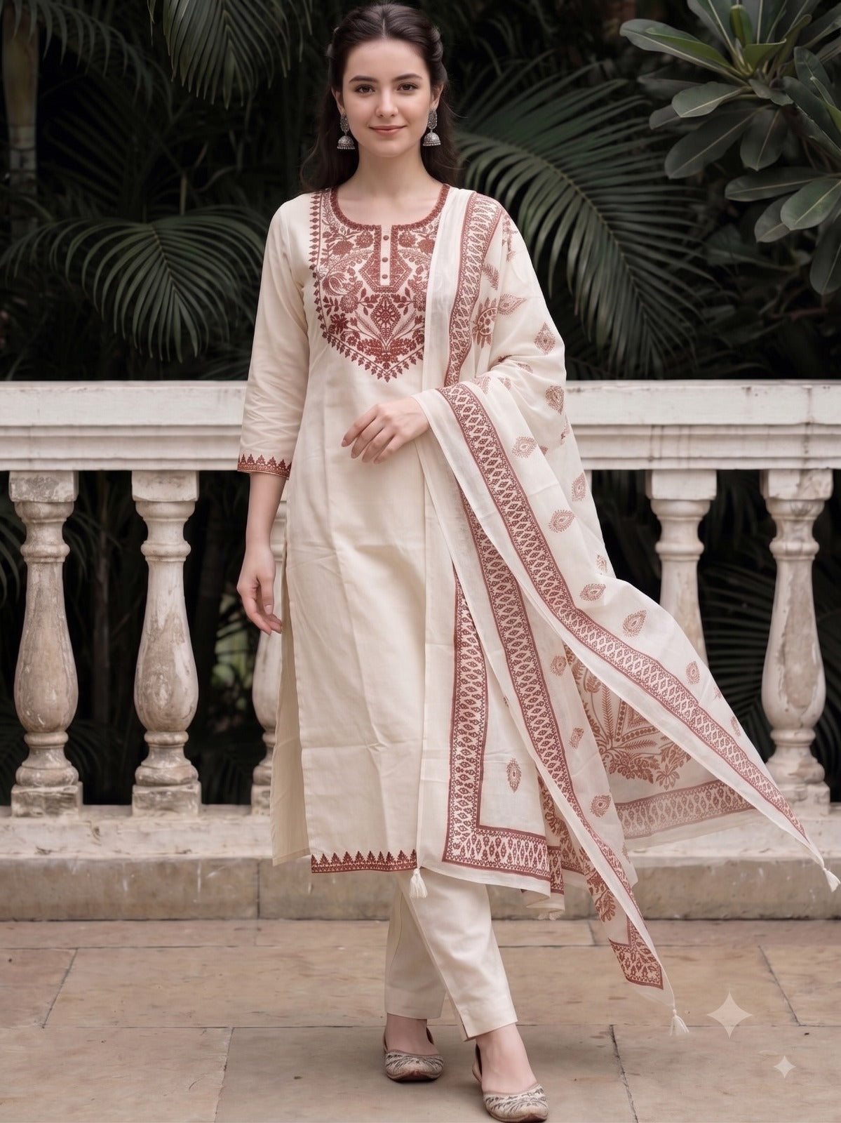 Off White Embroidered Cotton Flex Kurta and Pant Set with Dupatta