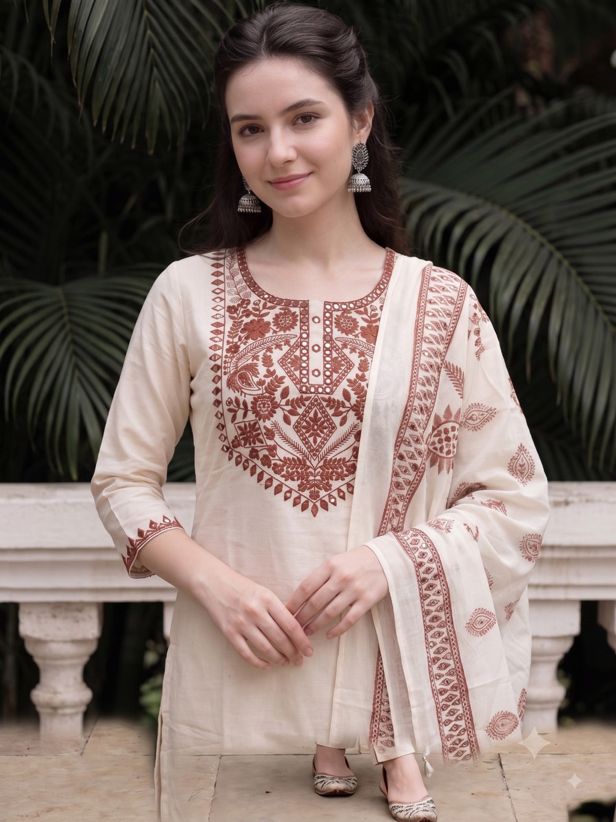 Off White Embroidered Cotton Flex Kurta and Pant Set with Dupatta