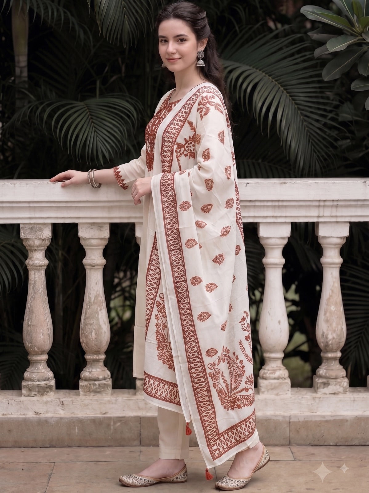 Off White Embroidered Cotton Flex Kurta and Pant Set with Dupatta