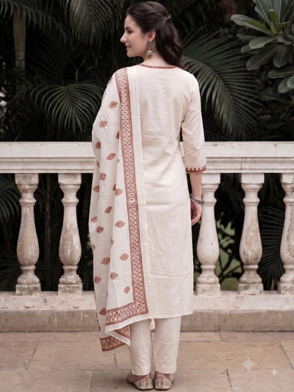 Off White Embroidered Cotton Flex Kurta and Pant Set with Dupatta