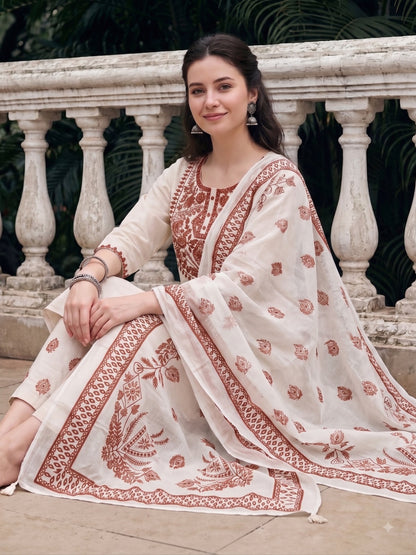 Off White Embroidered Cotton Flex Kurta and Pant Set with Dupatta