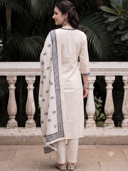 Off White Embroidered Cotton Flex Kurta and Pant Set with Dupatta