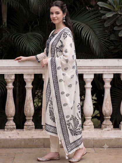 Off White Embroidered Cotton Flex Kurta and Pant Set with Dupatta