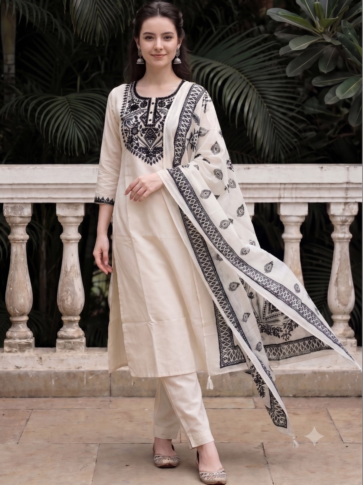 Off White Embroidered Cotton Flex Kurta and Pant Set with Dupatta