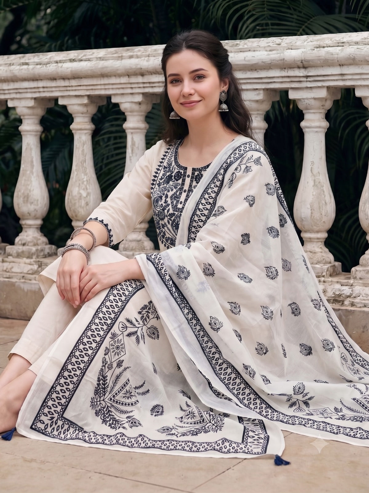 Off White Embroidered Cotton Flex Kurta and Pant Set with Dupatta