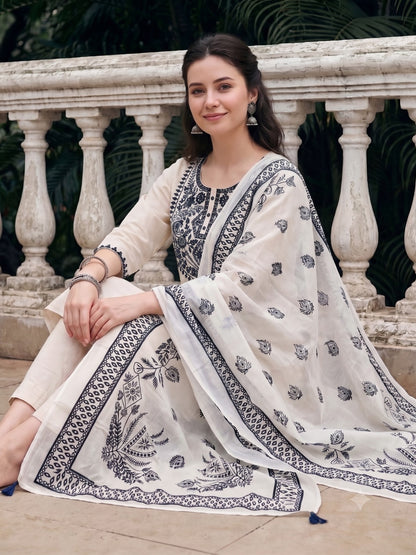 Off White Embroidered Cotton Flex Kurta and Pant Set with Dupatta