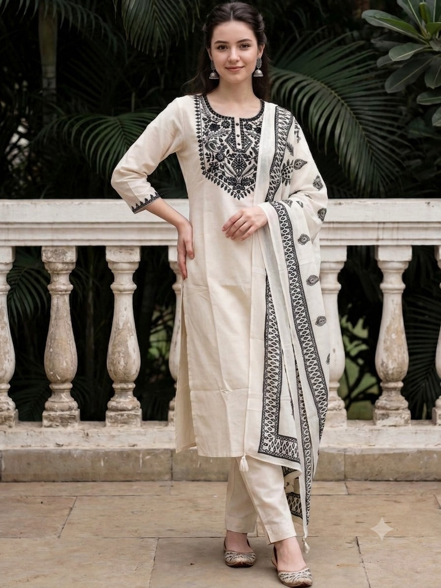 Off White Embroidered Cotton Flex Kurta and Pant Set with Dupatta