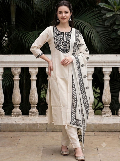 Off White Embroidered Cotton Flex Kurta and Pant Set with Dupatta