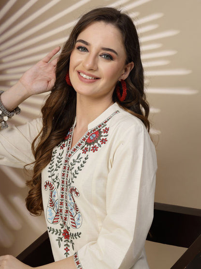 Off White Embroidered Cottn Flex Kurta and Pant Set
