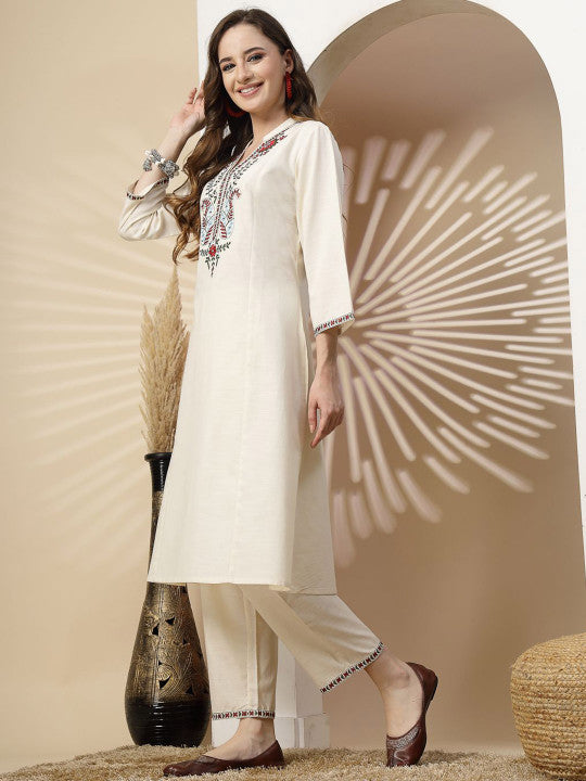 Off White Embroidered Cottn Flex Kurta and Pant Set