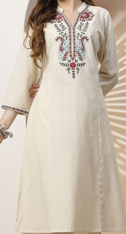 Off White Embroidered Cottn Flex Kurta and Pant Set