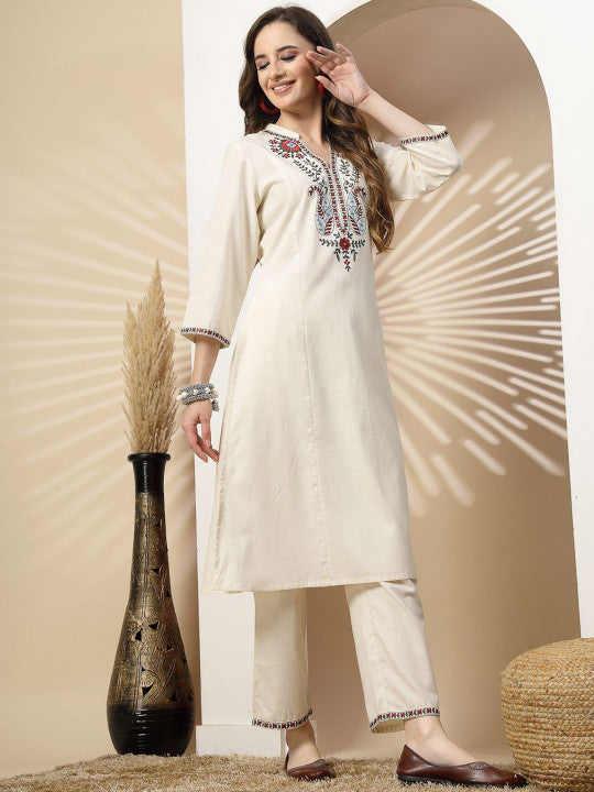 Off White Embroidered Cottn Flex Kurta and Pant Set