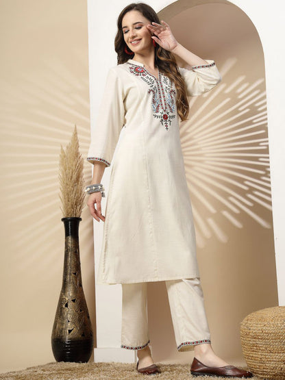 Off White Embroidered Cottn Flex Kurta and Pant Set