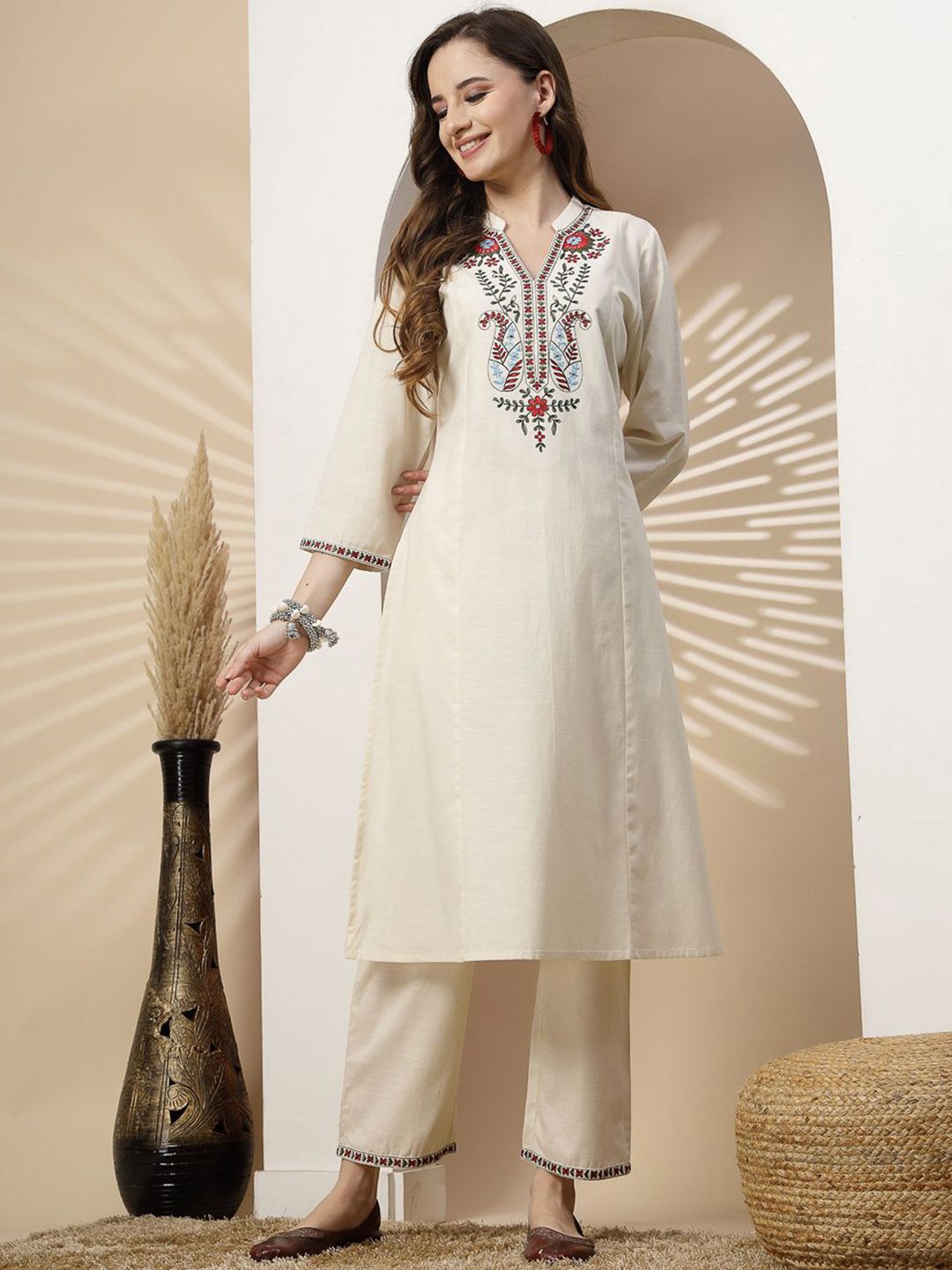 Off White Embroidered Cottn Flex Kurta and Pant Set