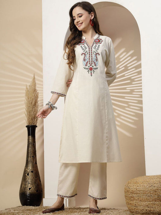 Off White Embroidered Cottn Flex Kurta and Pant Set