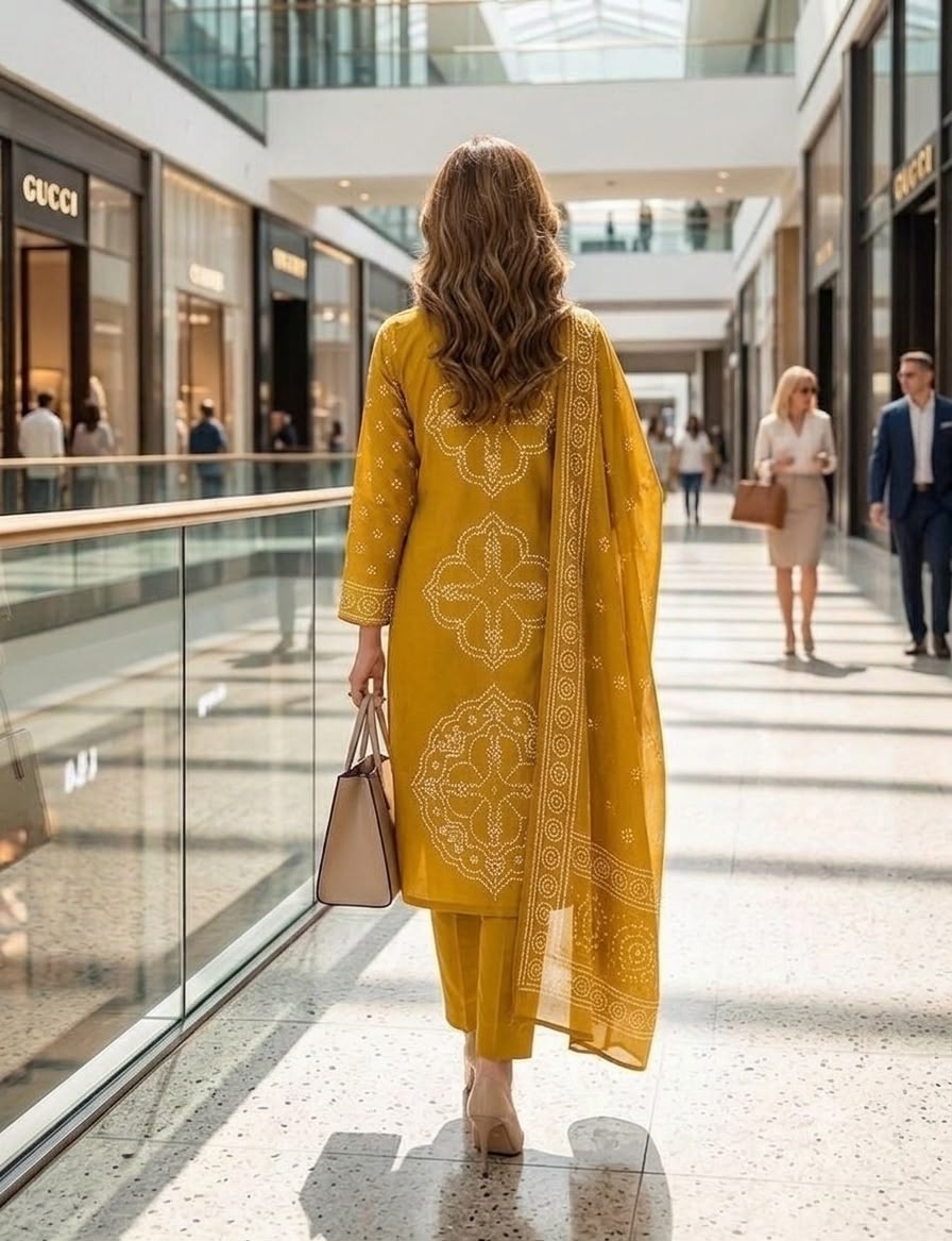 Mustard Printed Muslin Kurta and Pant Set with Dupatta