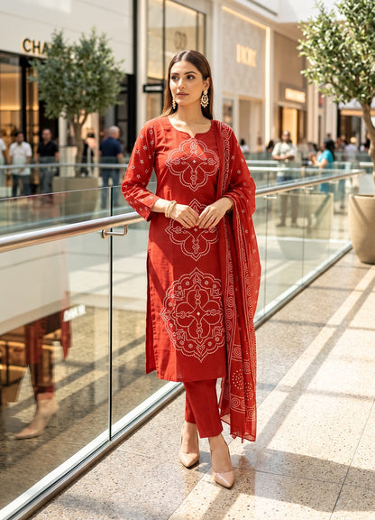 Rust Orange Printed Muslin Kurta and Pant Set with Dupatta
