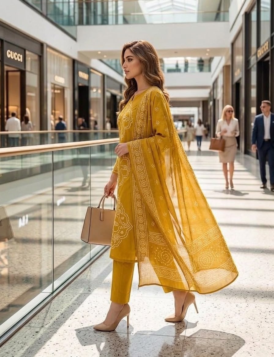 Mustard Printed Muslin Kurta and Pant Set with Dupatta