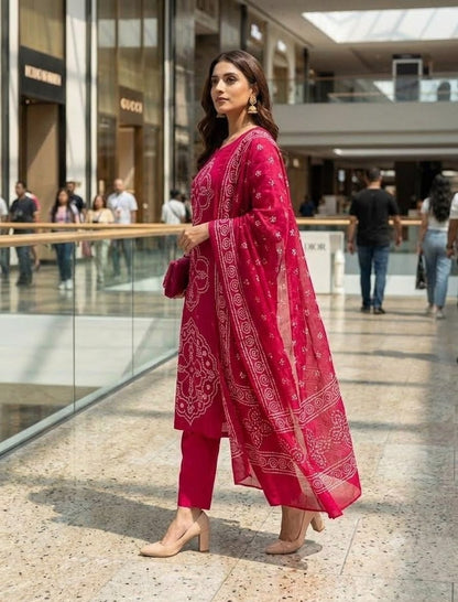 Pink Printed Muslin Kurta and Pant Set with Dupatta
