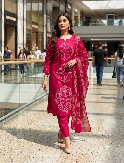 Pink Printed Muslin Kurta and Pant Set with Dupatta