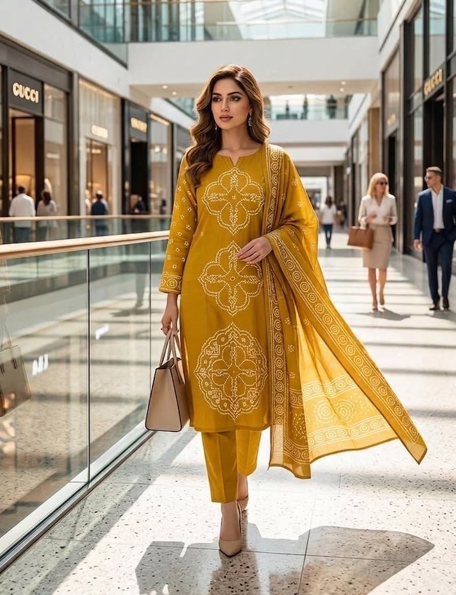 Mustard Printed Muslin Kurta and Pant Set with Dupatta
