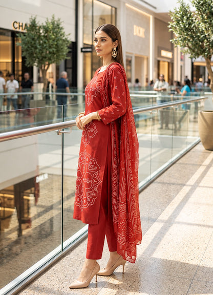 Rust Orange Printed Muslin Kurta and Pant Set with Dupatta