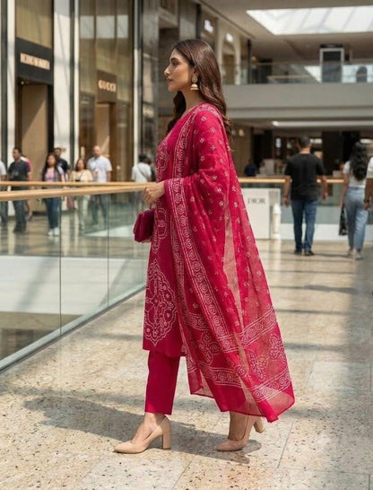 Pink Printed Muslin Kurta and Pant Set with Dupatta
