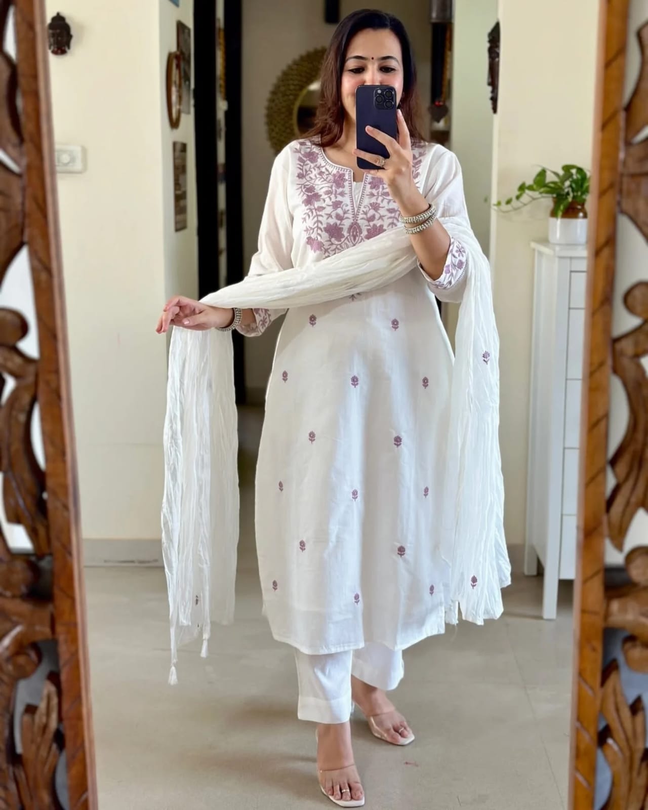 White Embroidered Cotton Kurta and Pant Set with Dupatta
