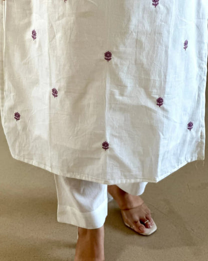 White Embroidered Cotton Kurta and Pant Set with Dupatta